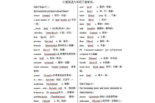 九下英语单词表