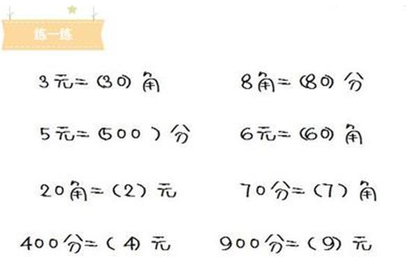 元角分换算口诀表