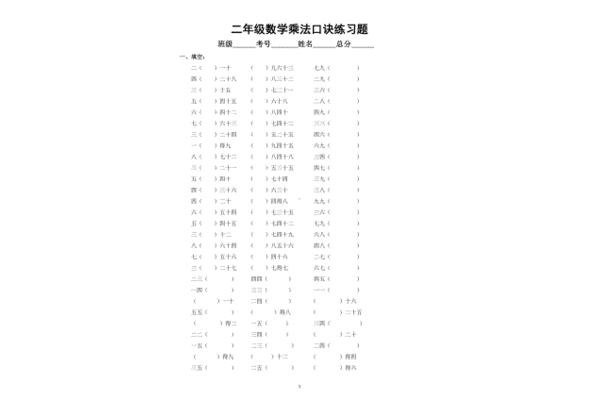 二年级的乘法口诀