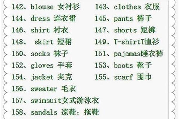 衣服的英文单词