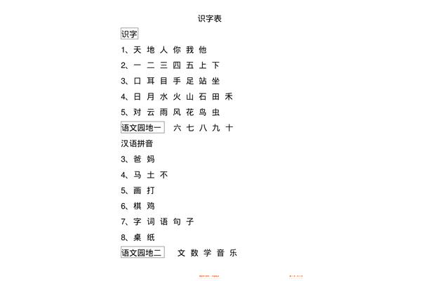 一年级生字表上册