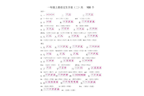 一年级生字表上册